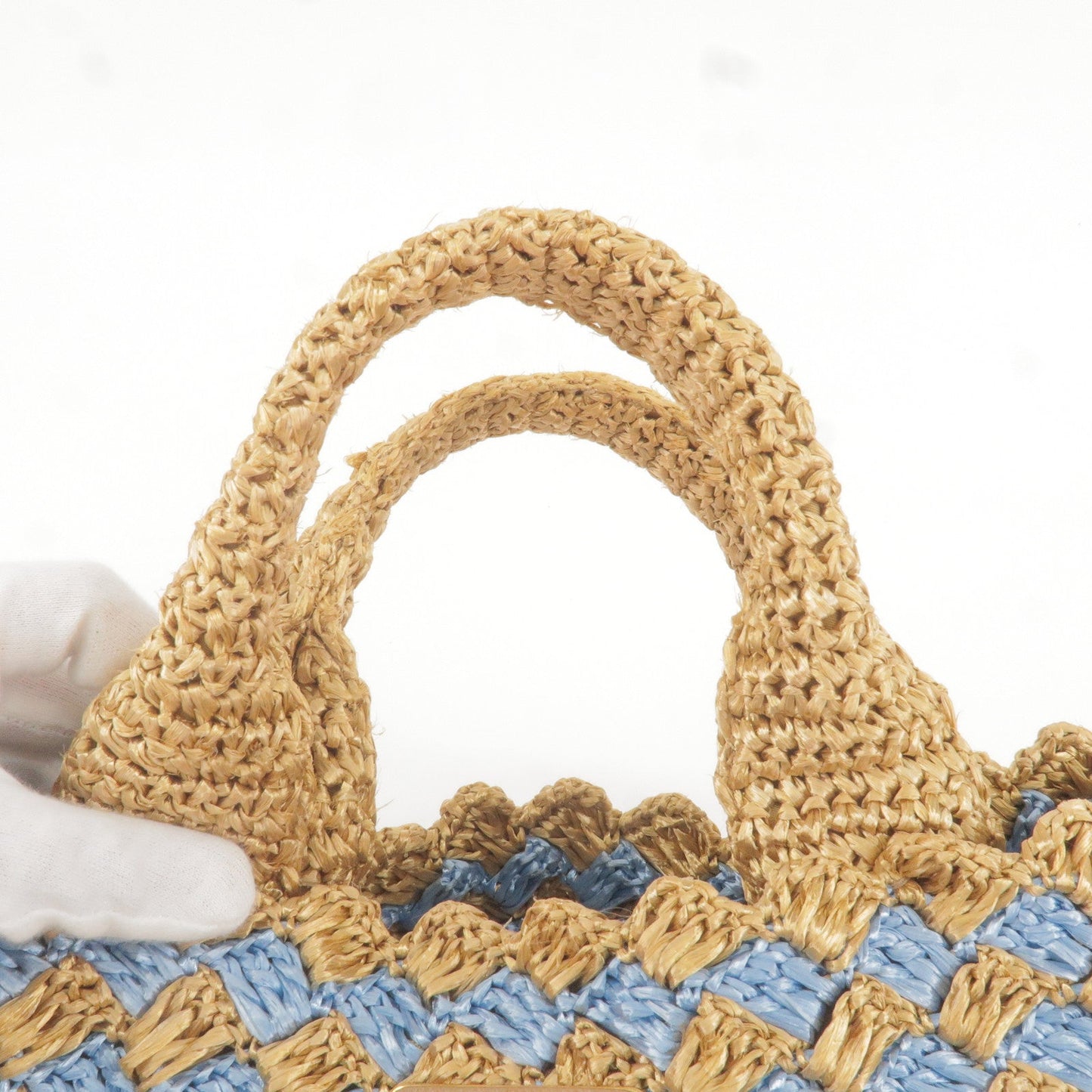 PRADA Raffia Crochet Canapa Tote Bag Blue Beige BN2303