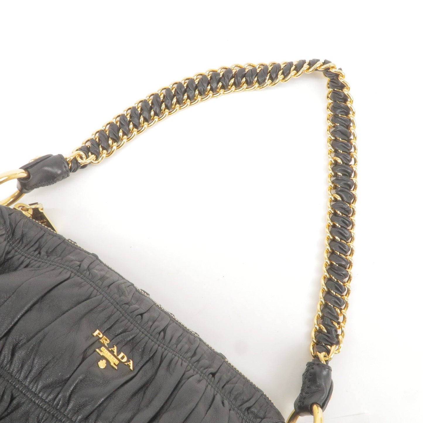 PRADA Leather Chain Gather Shoulder Bag NERO Black