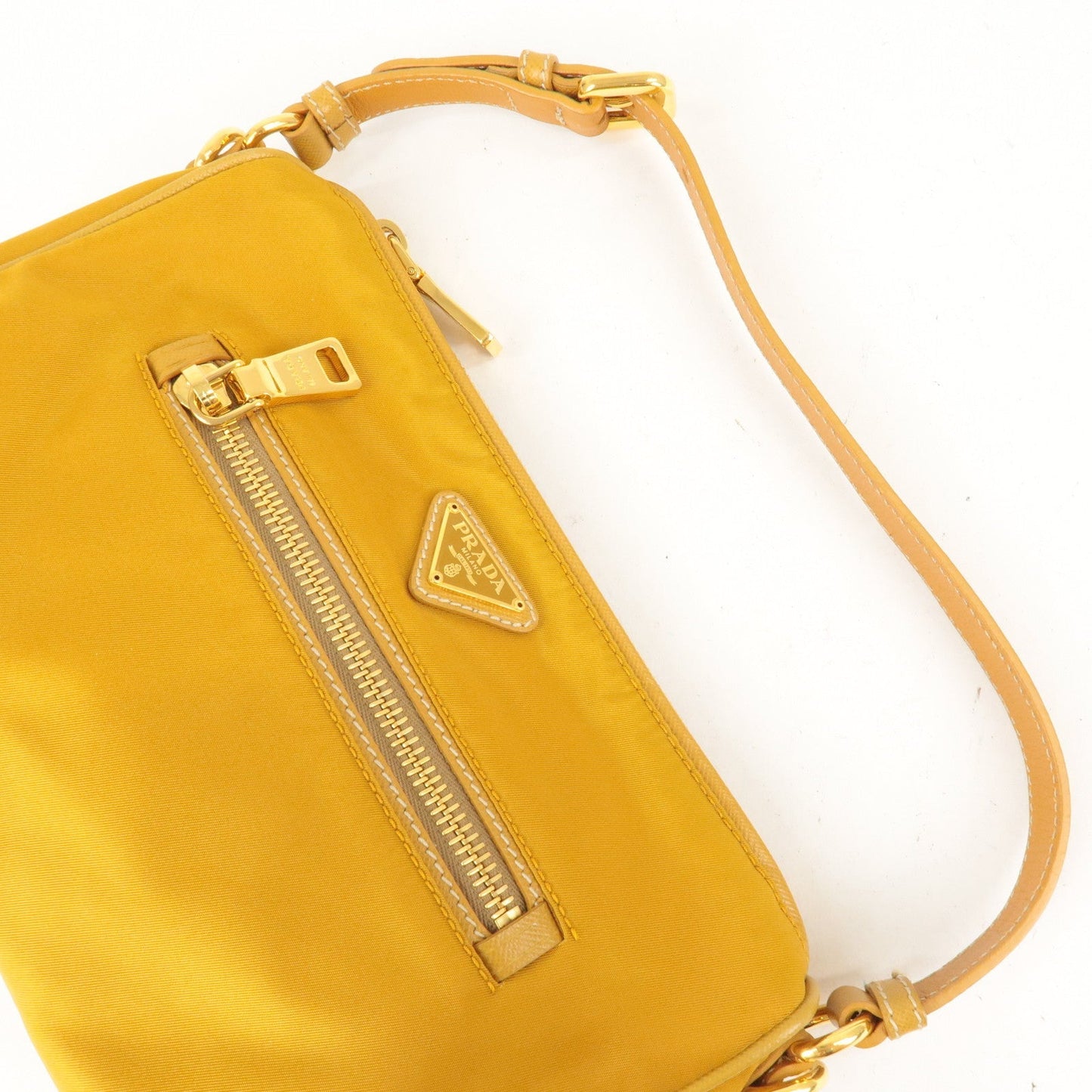 PRADA Logo Nylon Leather Shoulder Bag Mustard Yellow BN1834