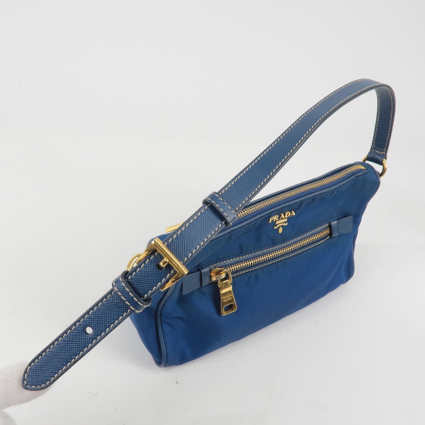 PRADA Logo Nylon Leather Hand Bag Pouch Purse Blue BN1834