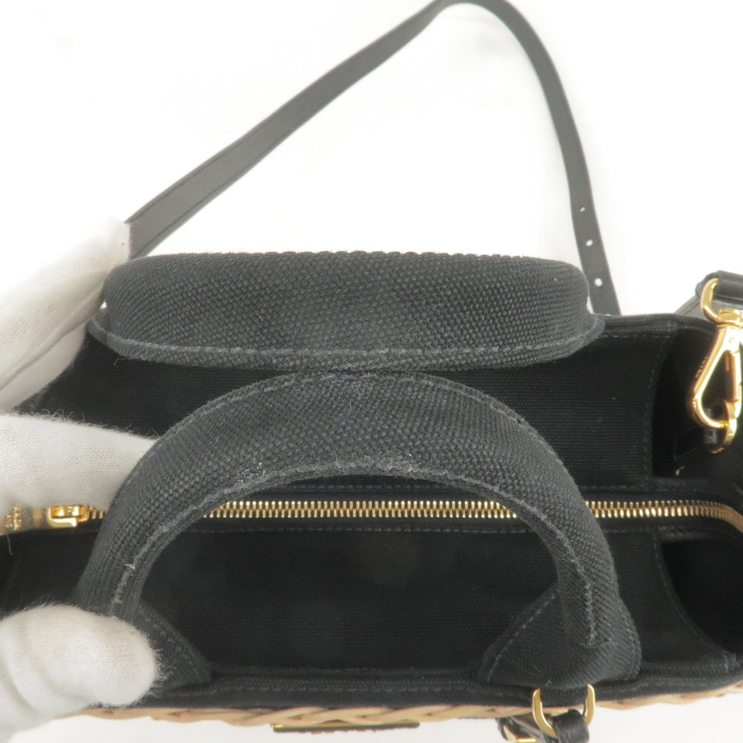 PRADA Wicker Canvas 2Way Basket Bag Hand Bag Black 1BG835