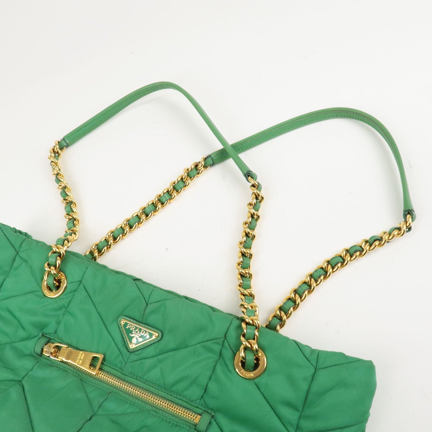 PRADA Logo Nylon Leather Chain Tote Bag Green BR4383