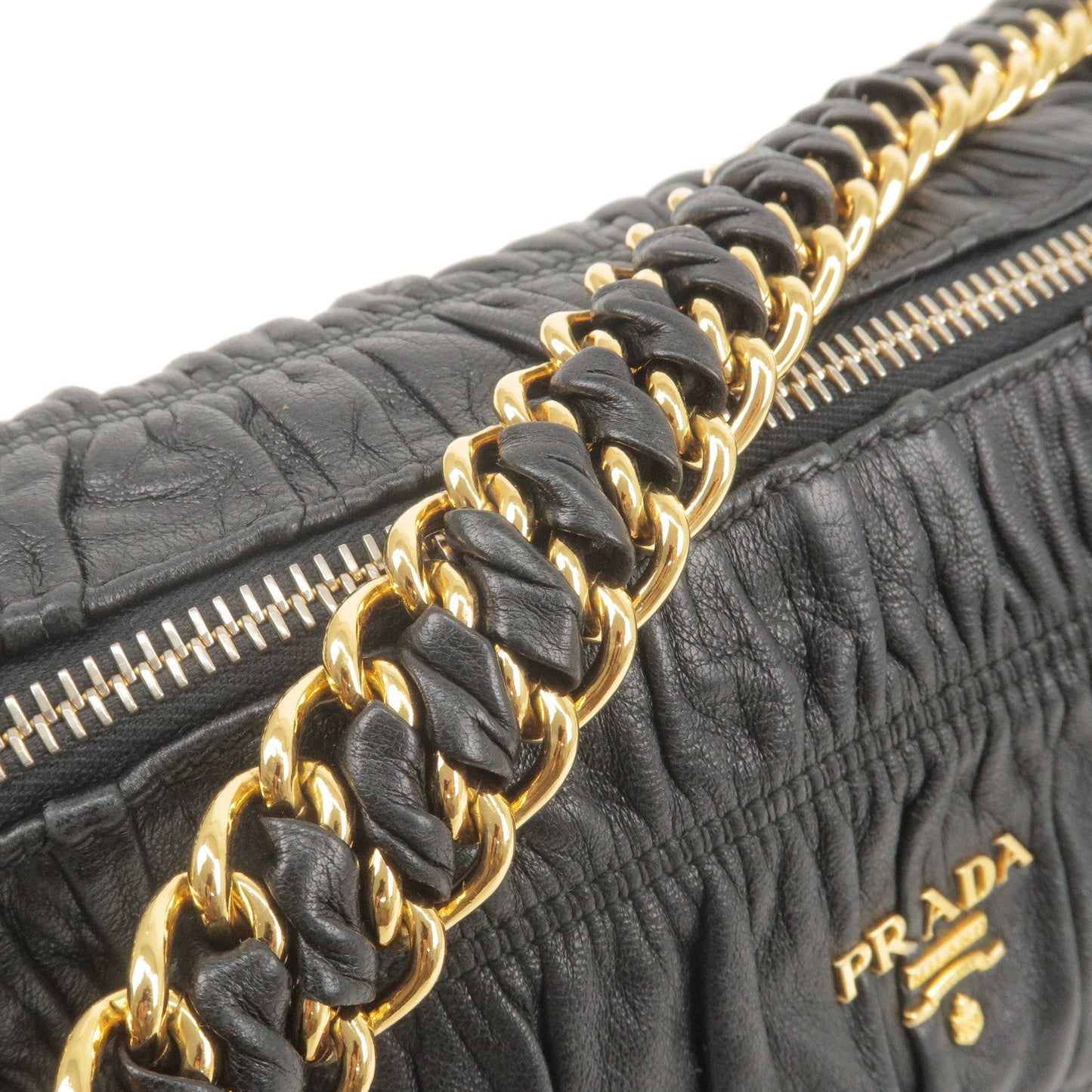 PRADA Leather Chain Gather Shoulder Bag NERO Black