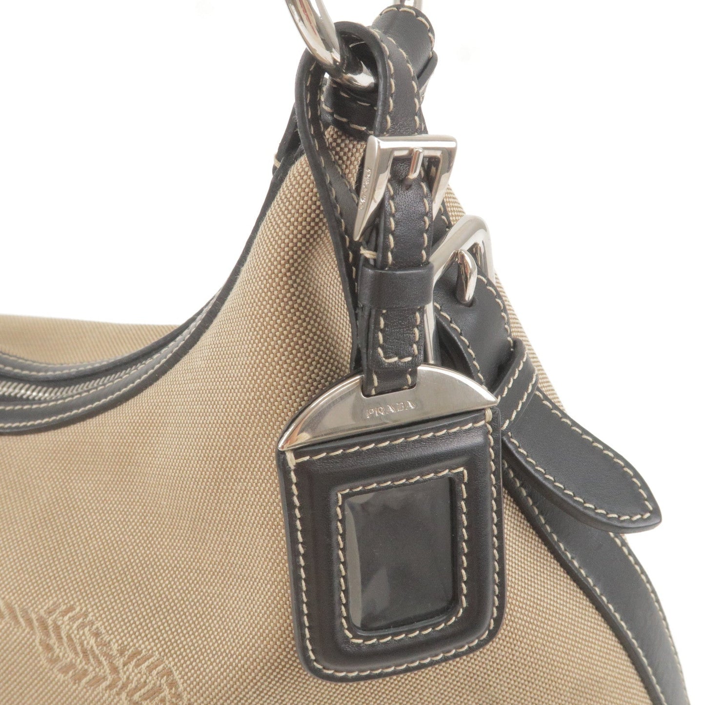 PRADA Logo Jacquard Leather Shoulder Bag Beige Black BR3430