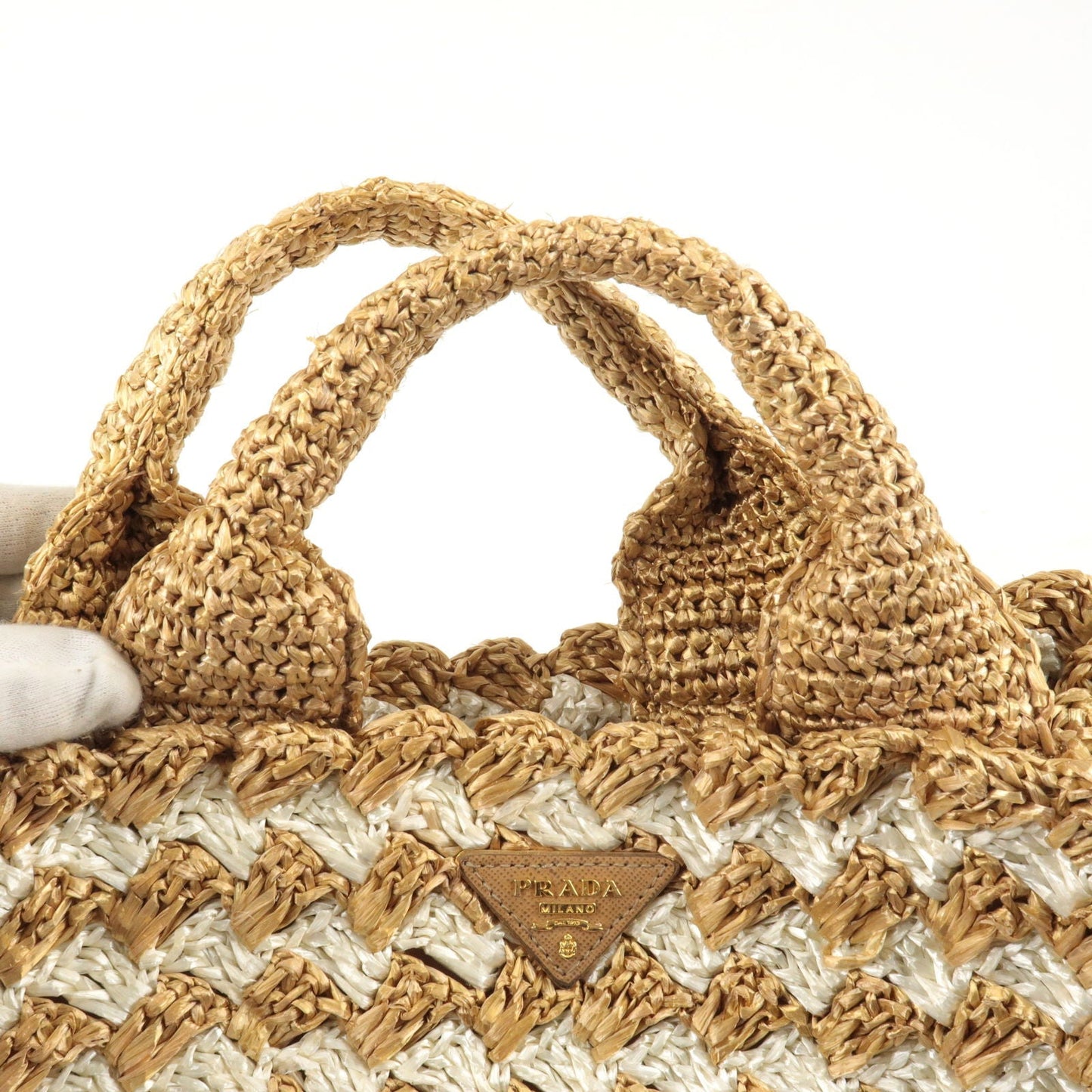 PRADA Raffia Crochet Canapa Tote Bag Beige BN2303