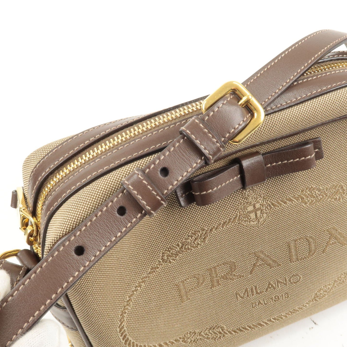 PRADA Logo Jacquard Leather Shoulder Bag Beige Brown 1BH089