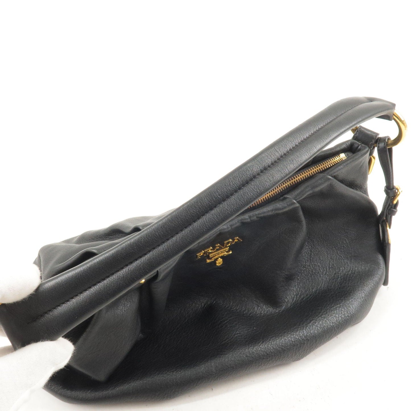 PRADA Logo Leather Shoulder Bag Black Gold Hardware