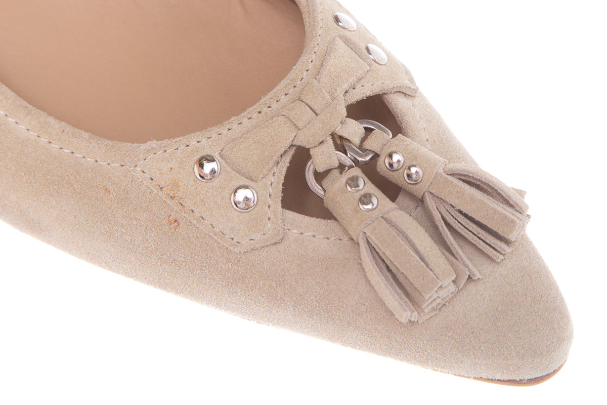 Prada Nude Suede Fringe Tassel Flats SZ 38.5