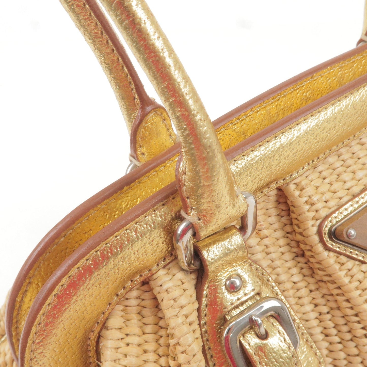 PRADA Paglia Straw Leather Shoulder Bag Metalic Gold BR3509