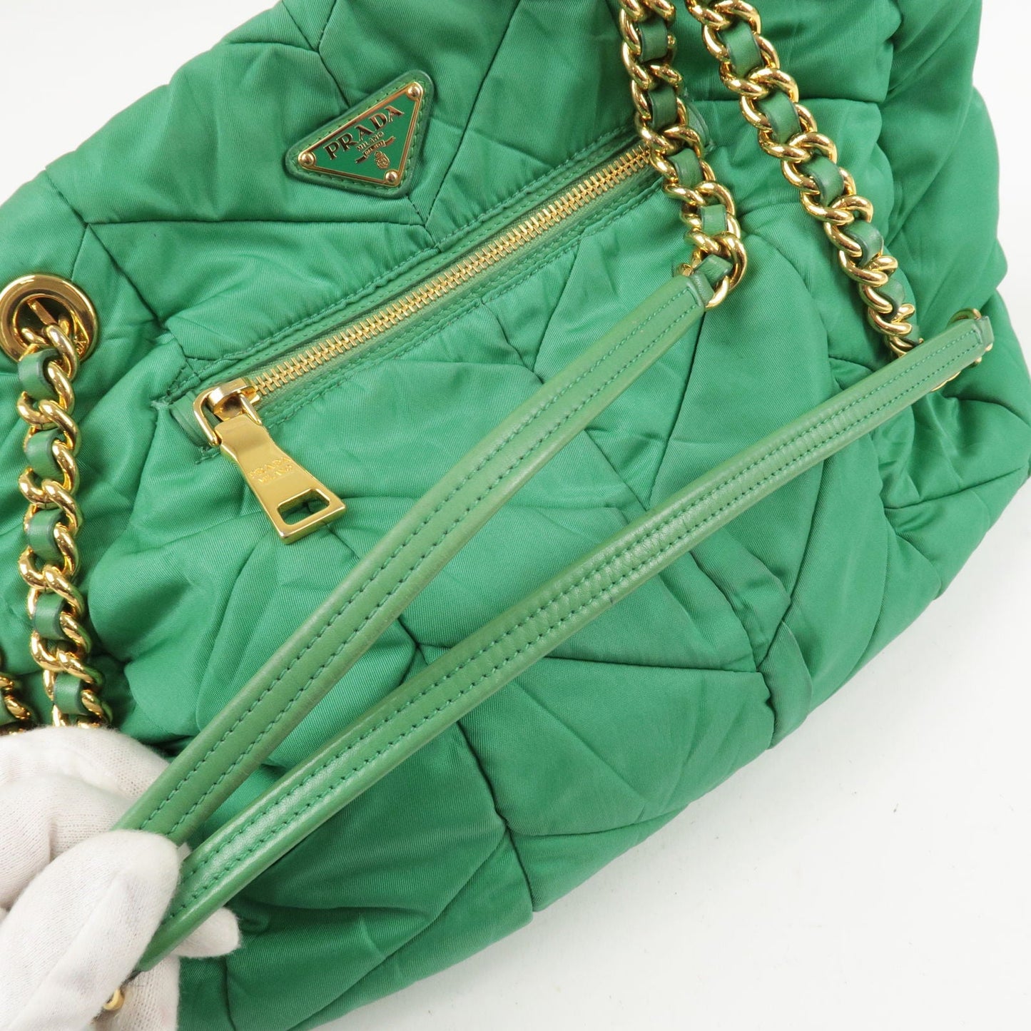 PRADA Logo Nylon Leather Chain Tote Bag Green BR4383