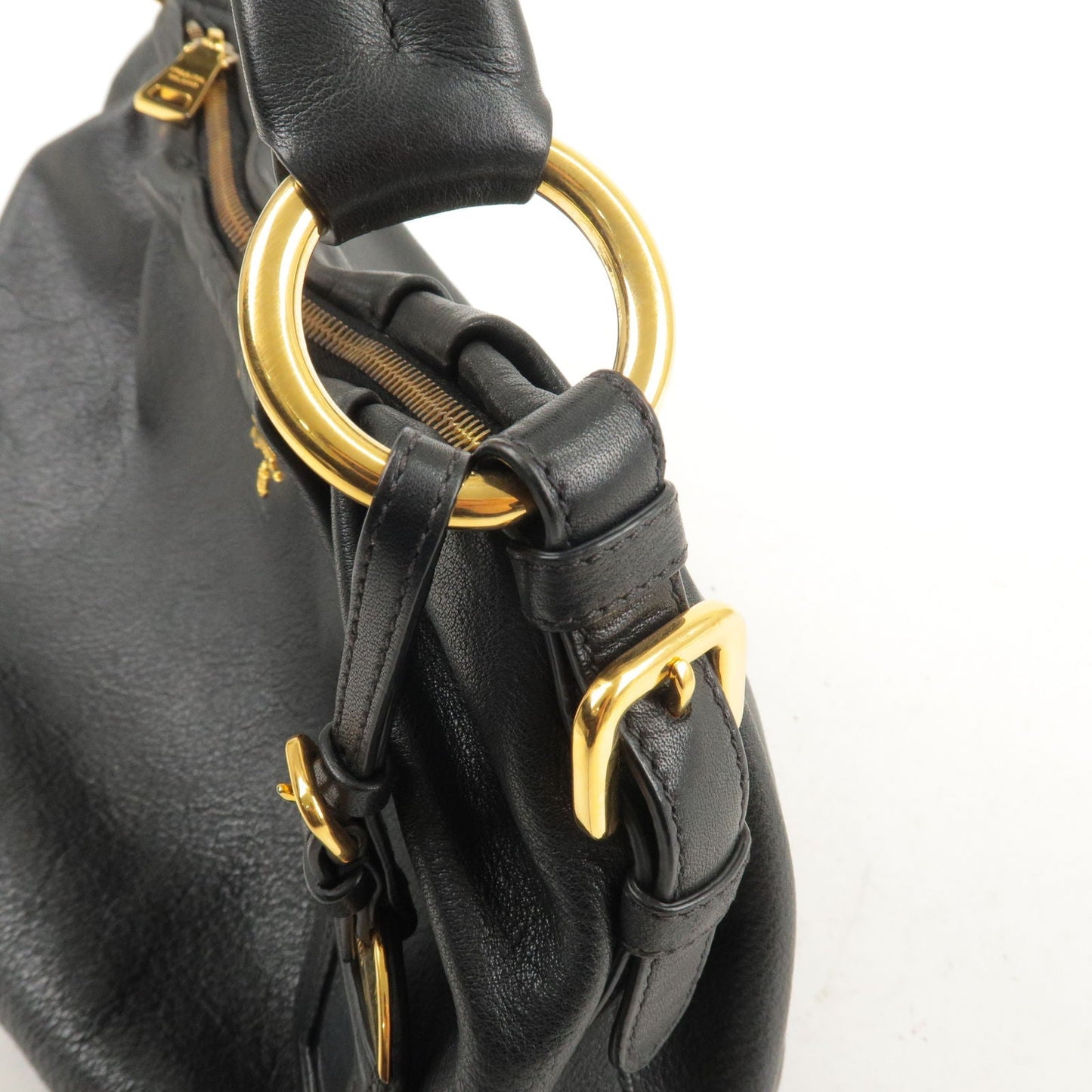 PRADA Logo Leather Shoulder Bag Black Gold Hardware