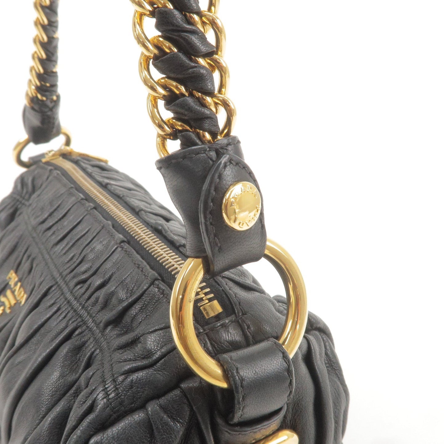 PRADA Leather Chain Gather Shoulder Bag NERO Black