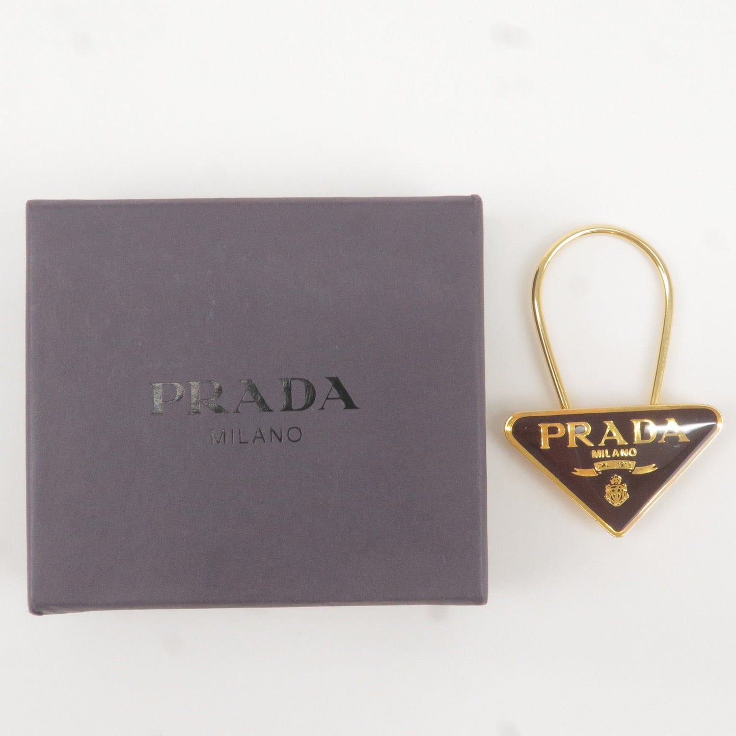 PRADA Metal Triangle Logo Key Chain Bag Charm M285 Brown Gold