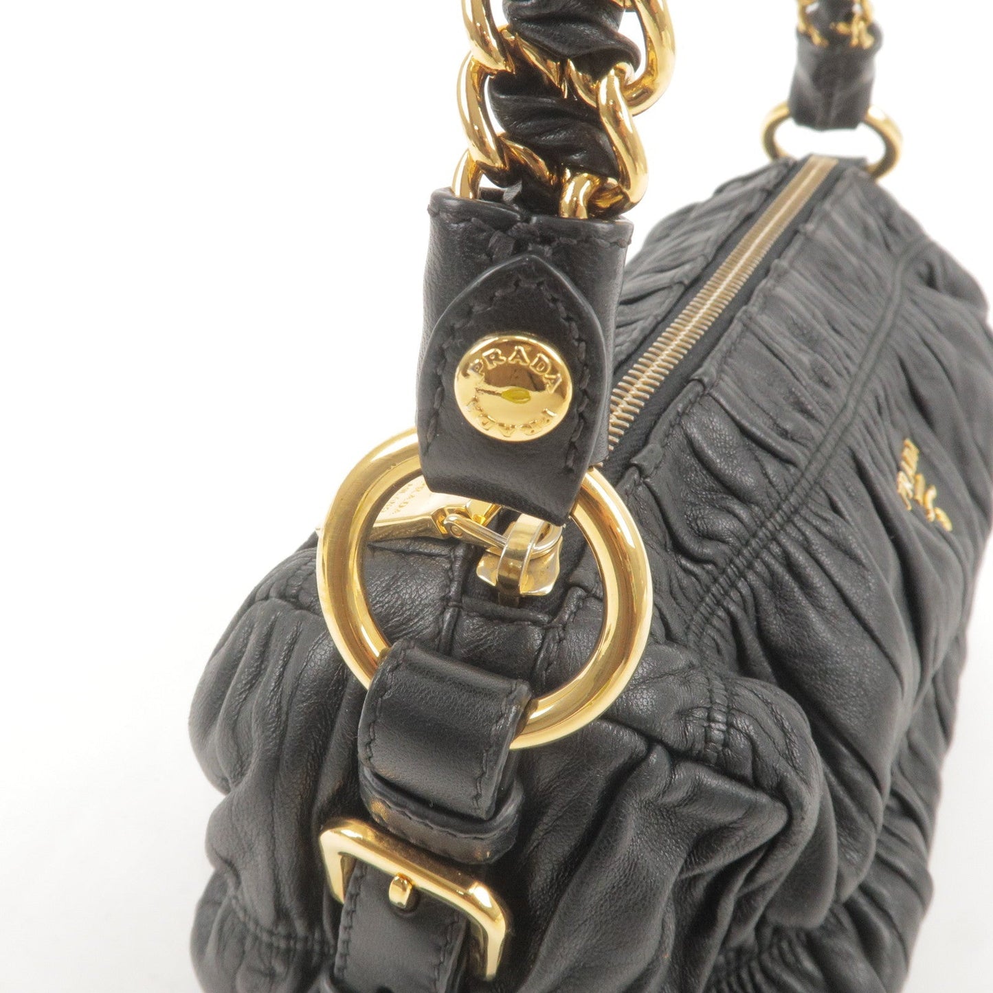 PRADA Leather Chain Gather Shoulder Bag NERO Black