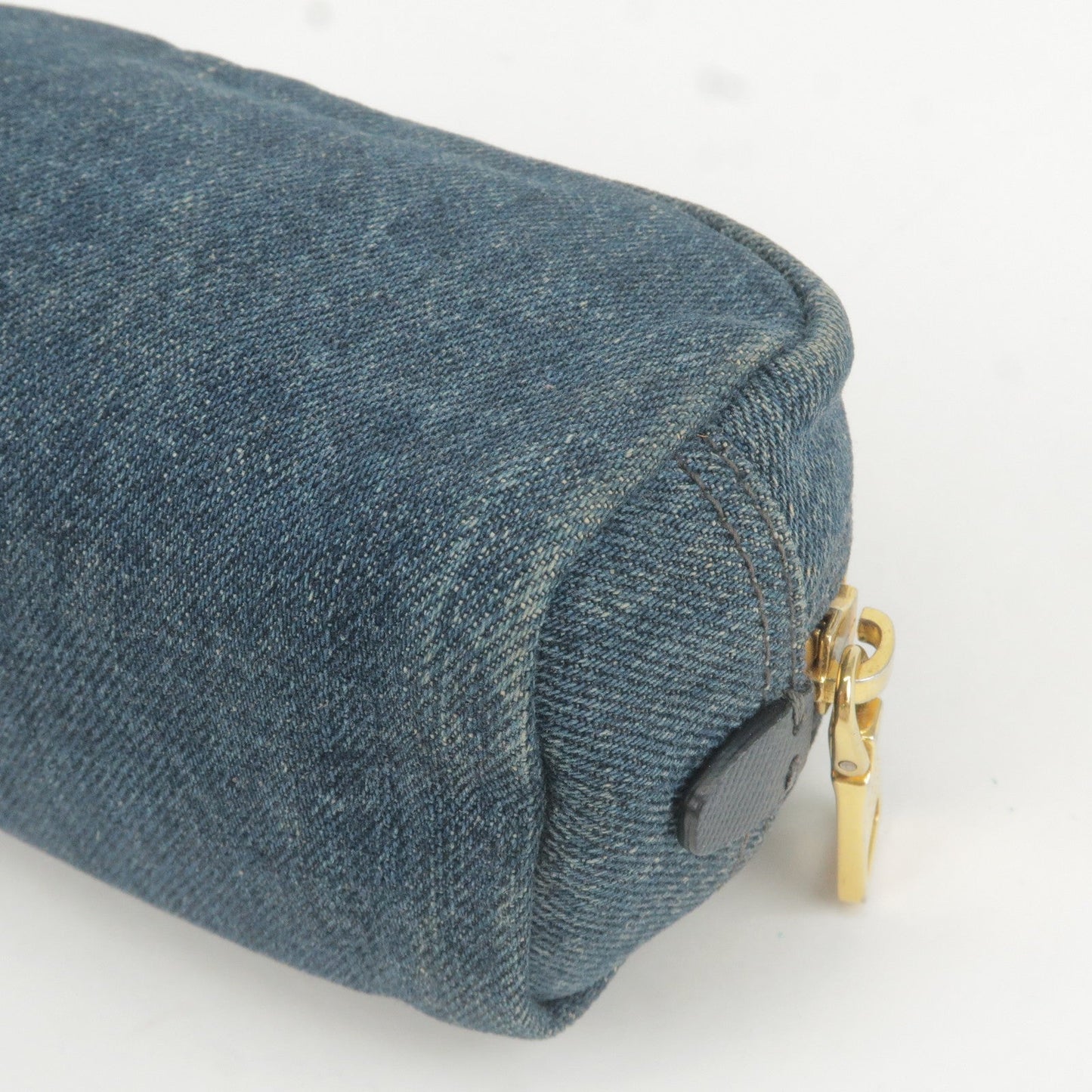 PRADA Logo Denim Cosmetic Pouch Clutch Bag Navy Gold Metal