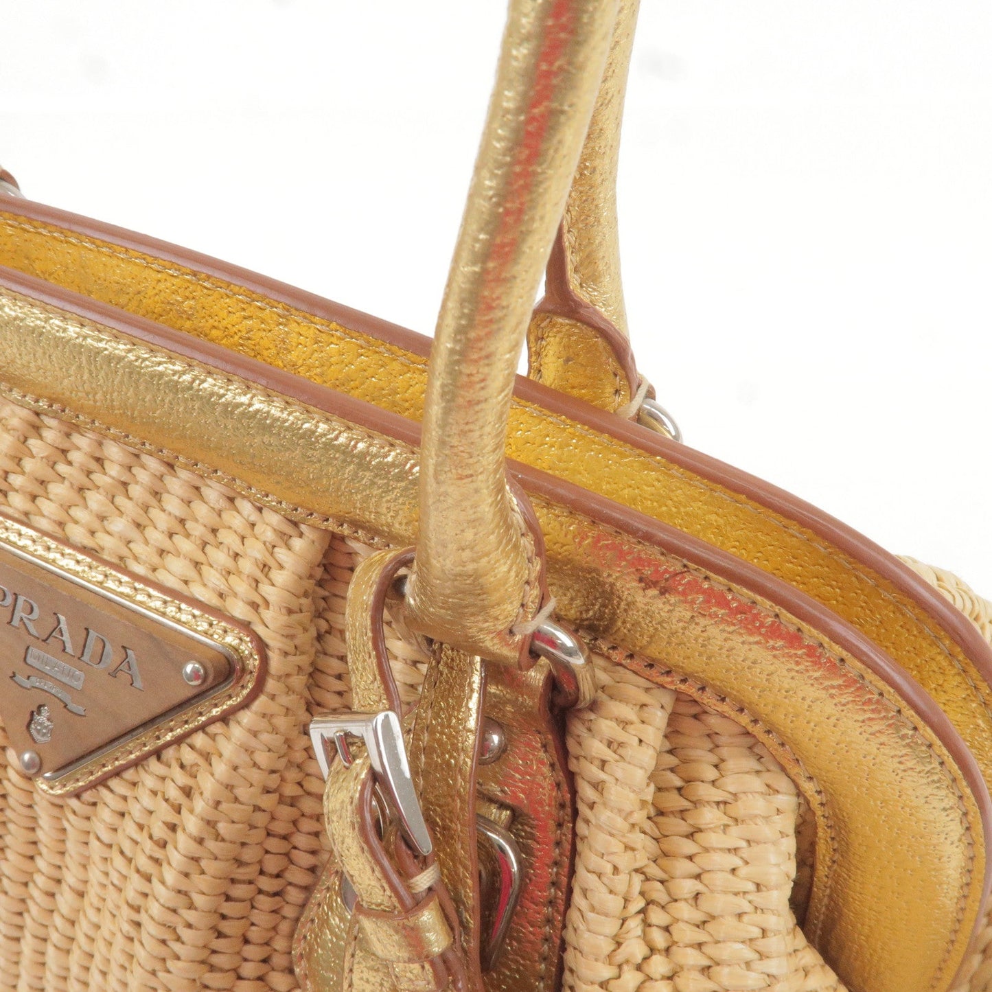 PRADA Paglia Straw Leather Shoulder Bag Metalic Gold BR3509