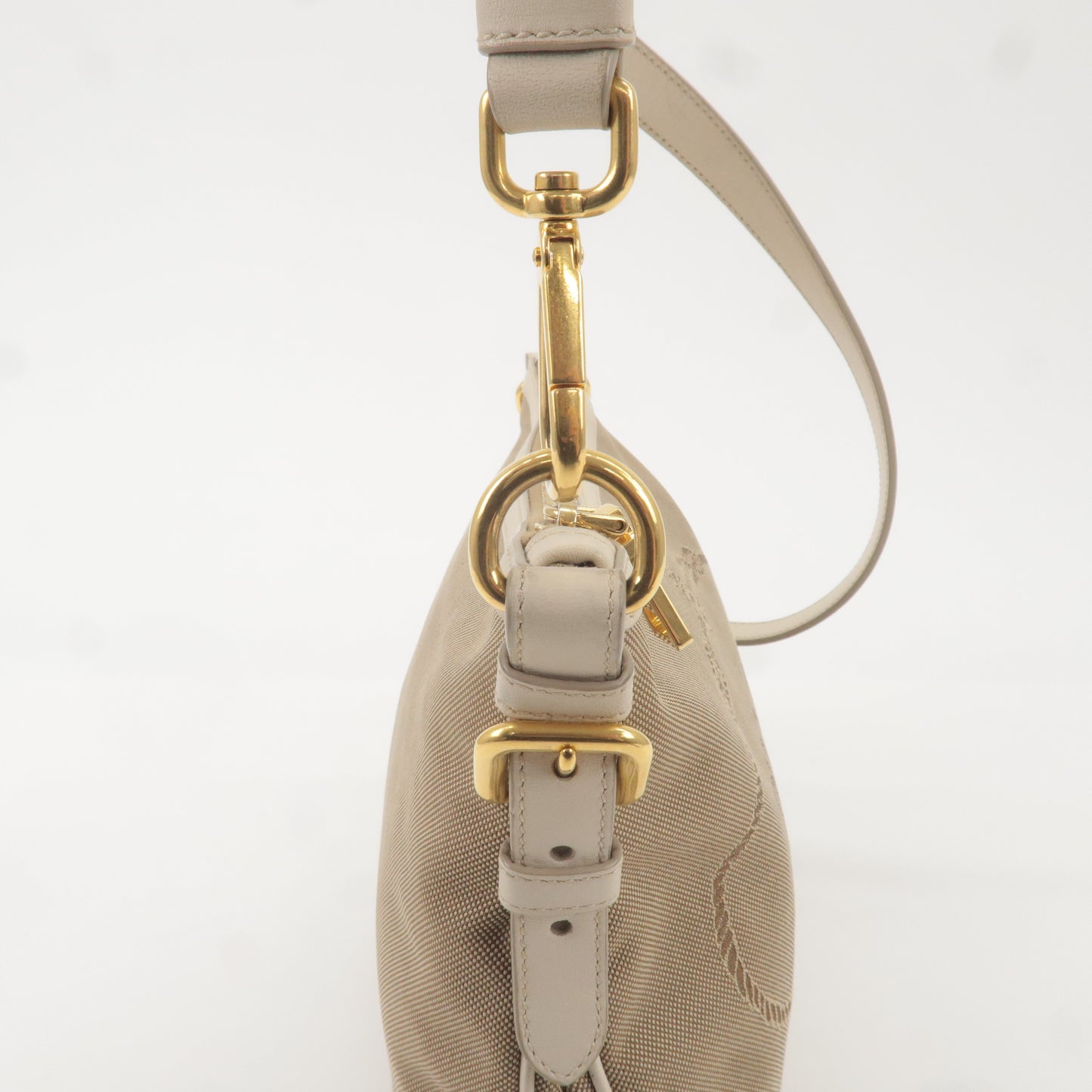 PRADA Logo Jacquard Canvas Leather Shoulder Bag Beige Ivory