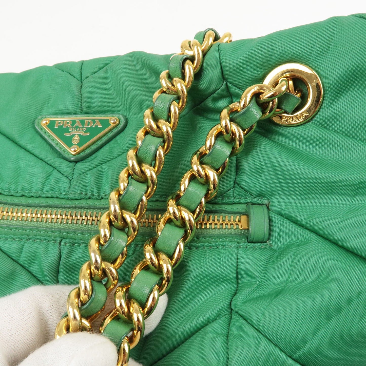 PRADA Logo Nylon Leather Chain Tote Bag Green BR4383