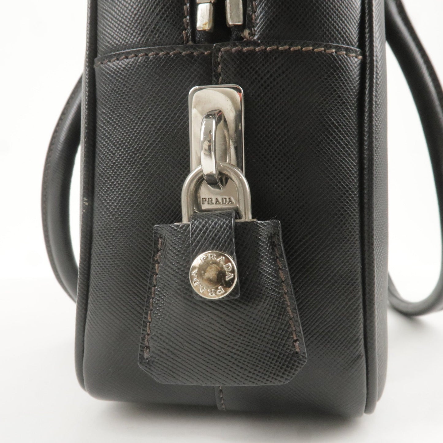 PRADA Logo Saffiano Lux Leather Hand Bag Black BL0095