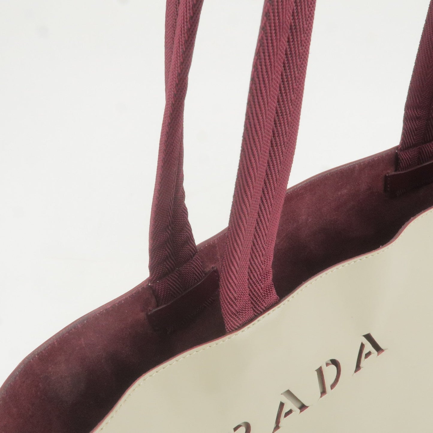 PRADA Leather Canvas Tote Bag Hand Bag Greige Red Wine B10189