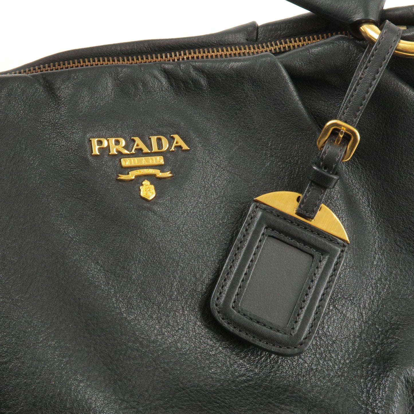 PRADA Logo Leather Shoulder Bag Black Gold Hardware