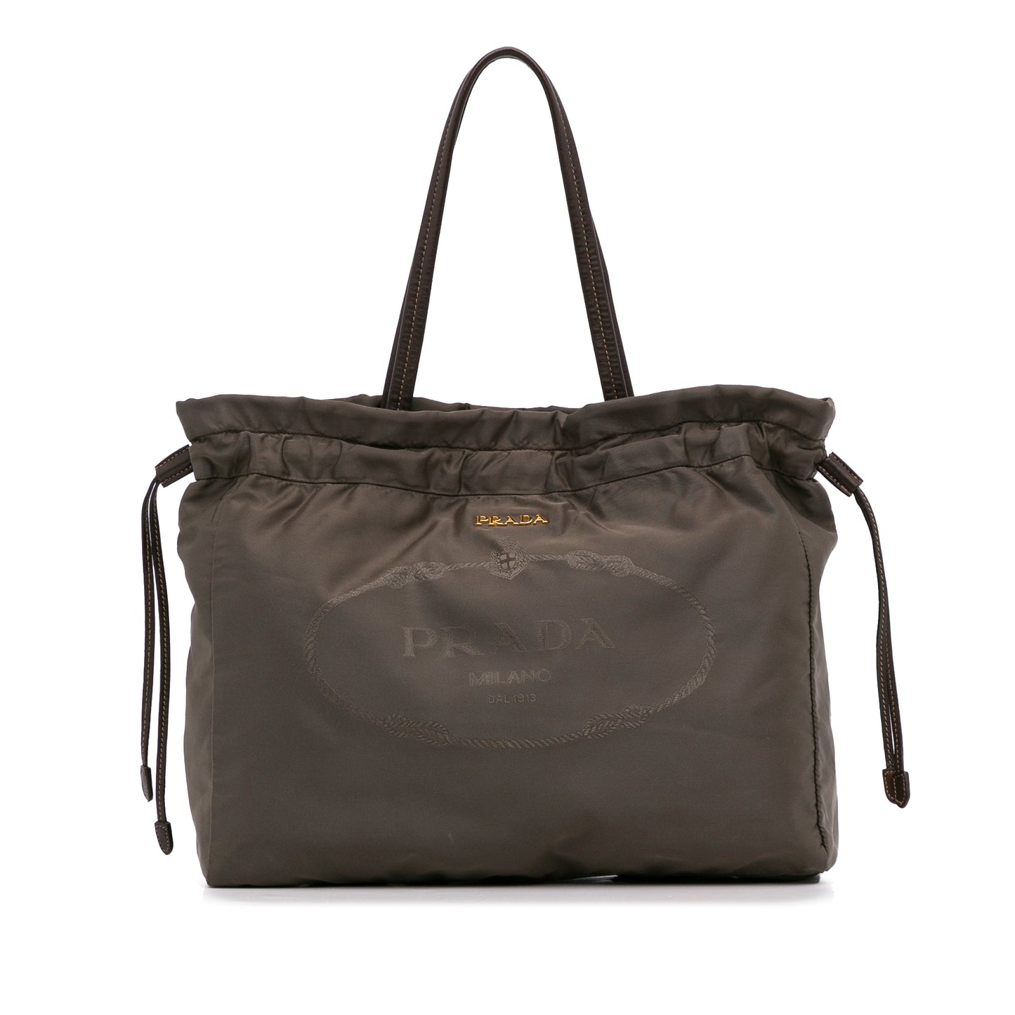 Brown Prada Logo Tessuto Drawstring Tote Bag