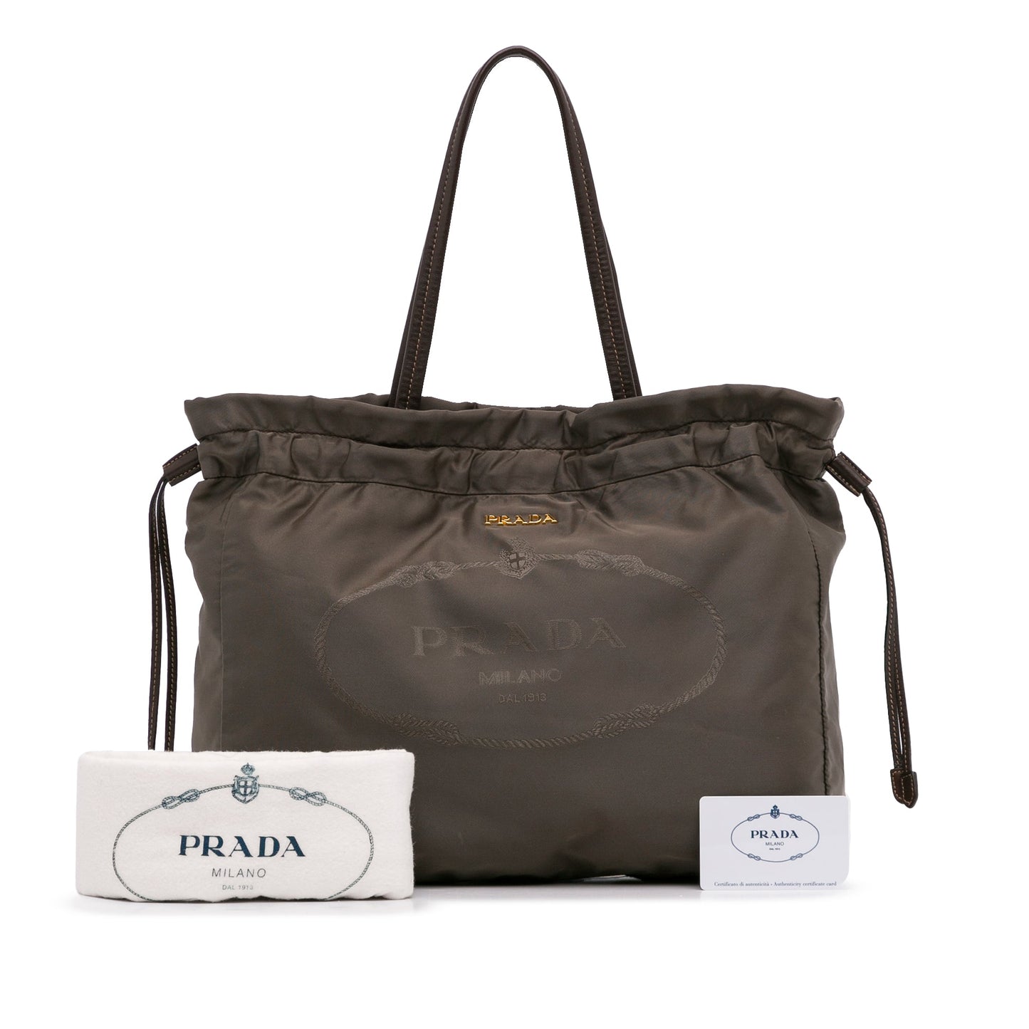 Brown Prada Logo Tessuto Drawstring Tote Bag