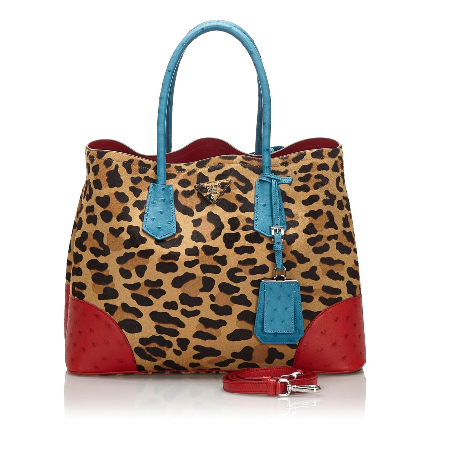 Prada Brown Leopard Print Calf Hair Ostrich Double Tote Bag Italy