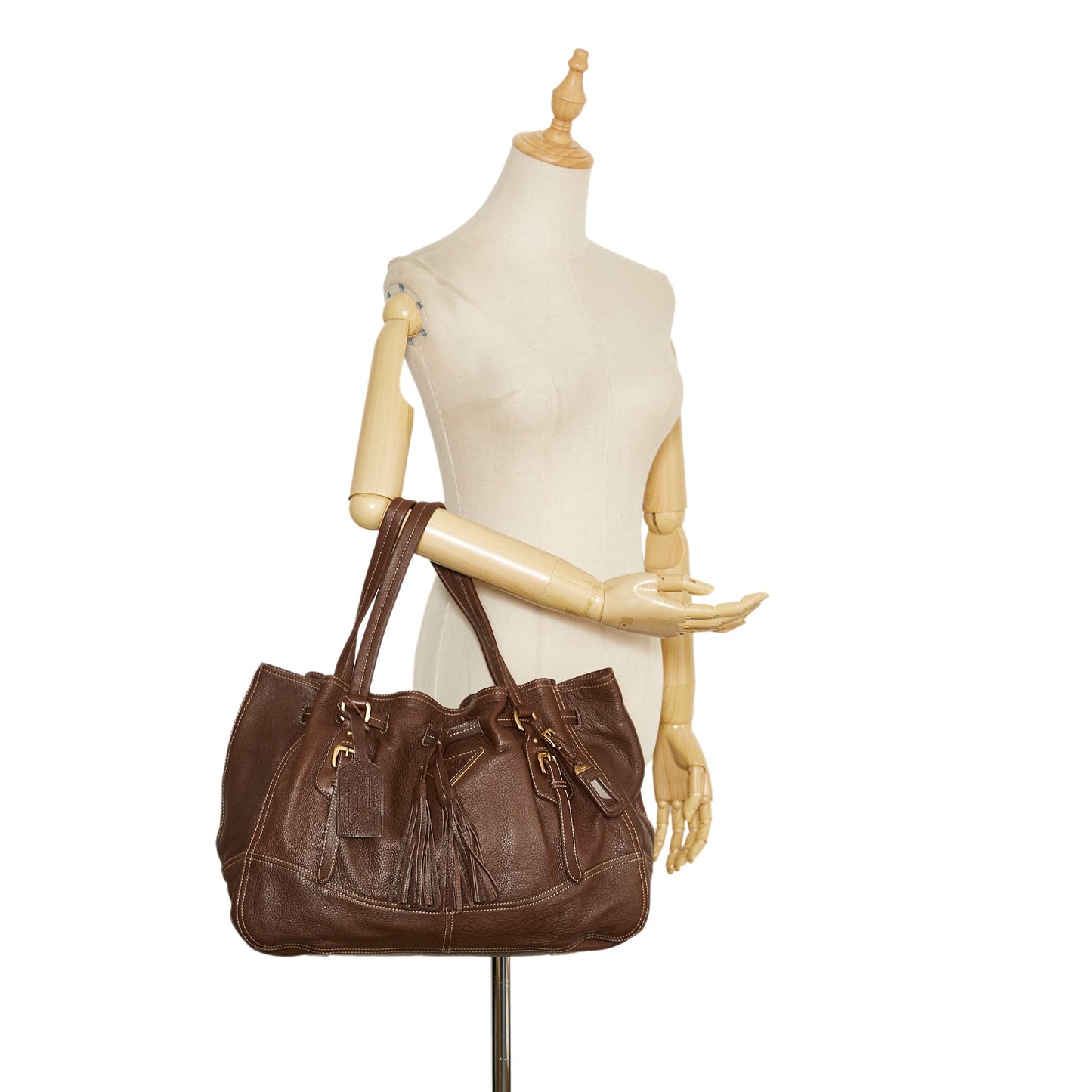 Brown Prada Cervo Drawstring Leather Tote