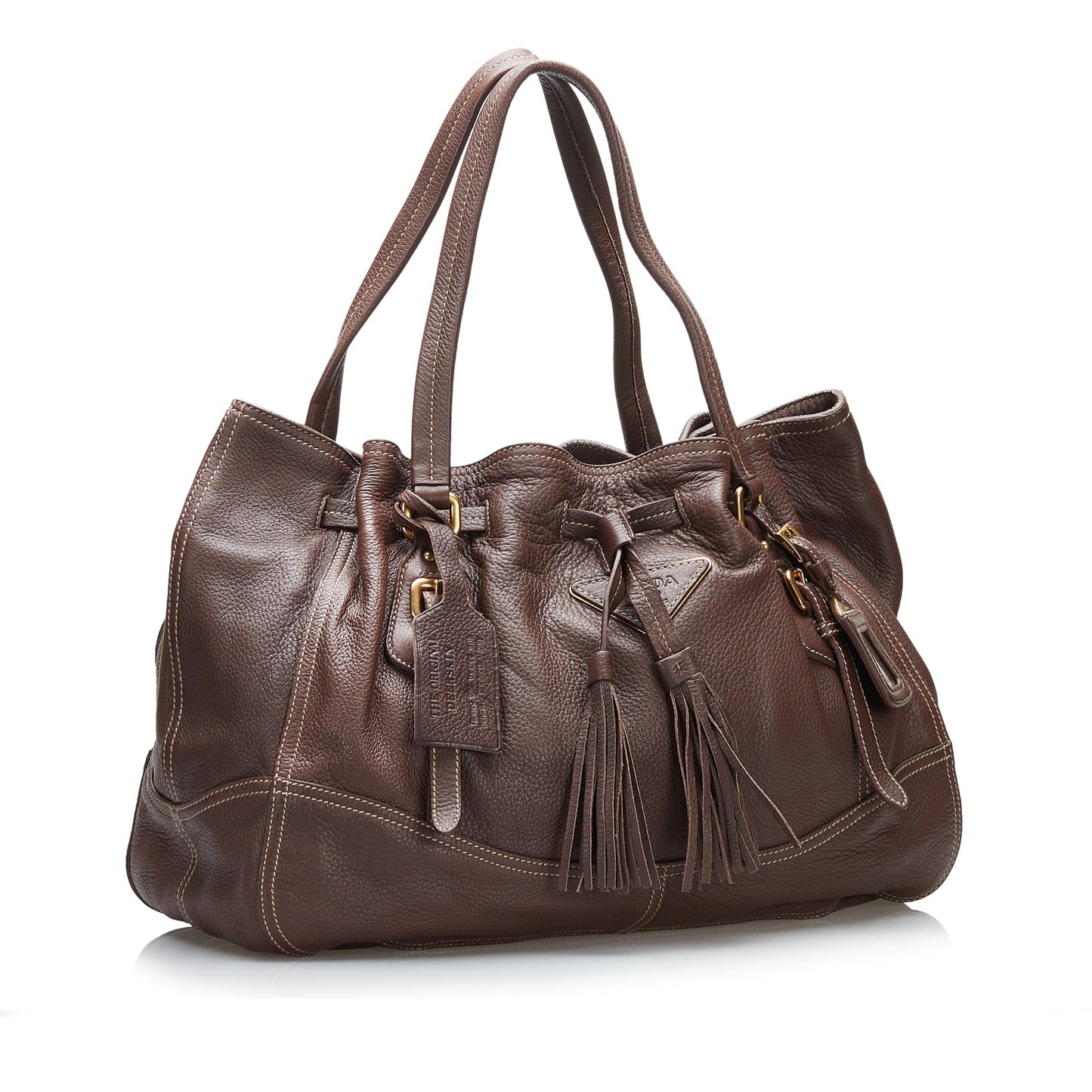 Brown Prada Cervo Drawstring Leather Tote