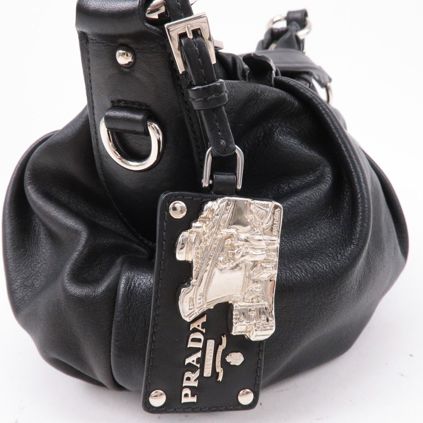 PRADA Leather Shoulder Bag Black with Charm