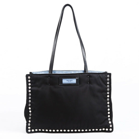 Prada Bag Etiquette Medium Black Blue Studded Nylon Tote