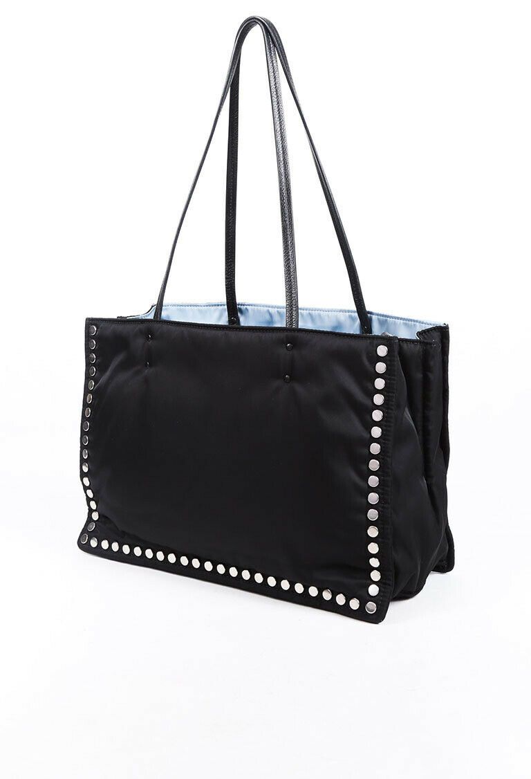 Prada Bag Etiquette Medium Black Blue Studded Nylon Tote