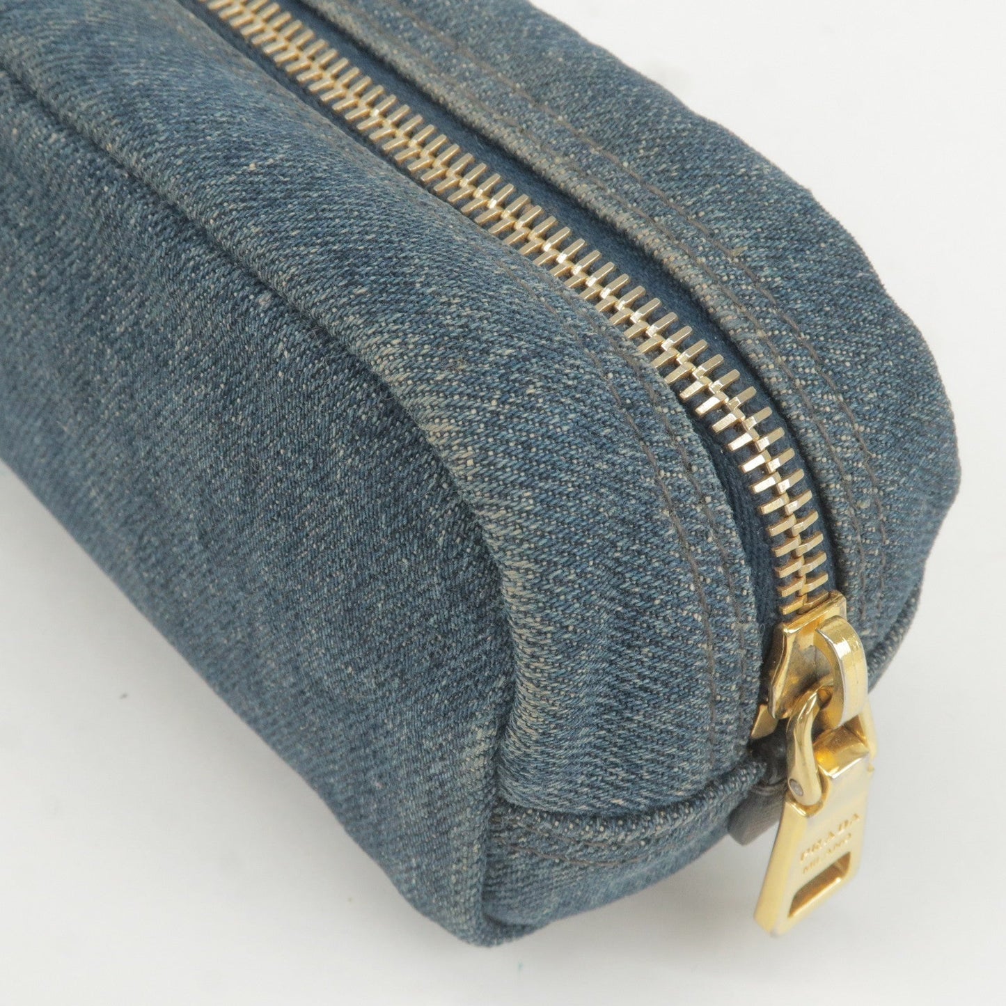 PRADA Logo Denim Cosmetic Pouch Clutch Bag Navy Gold Metal