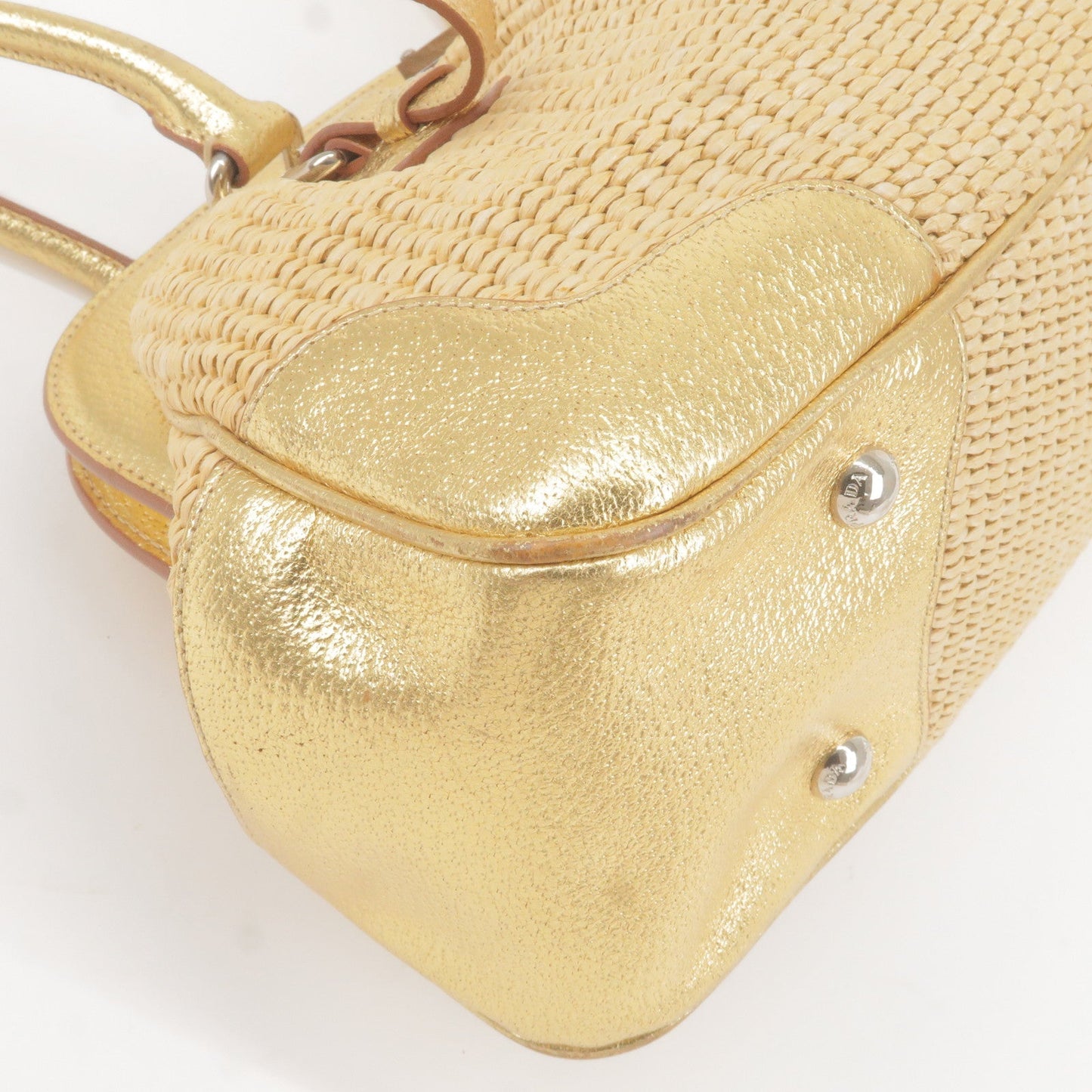 PRADA Paglia Straw Leather Shoulder Bag Metalic Gold BR3509