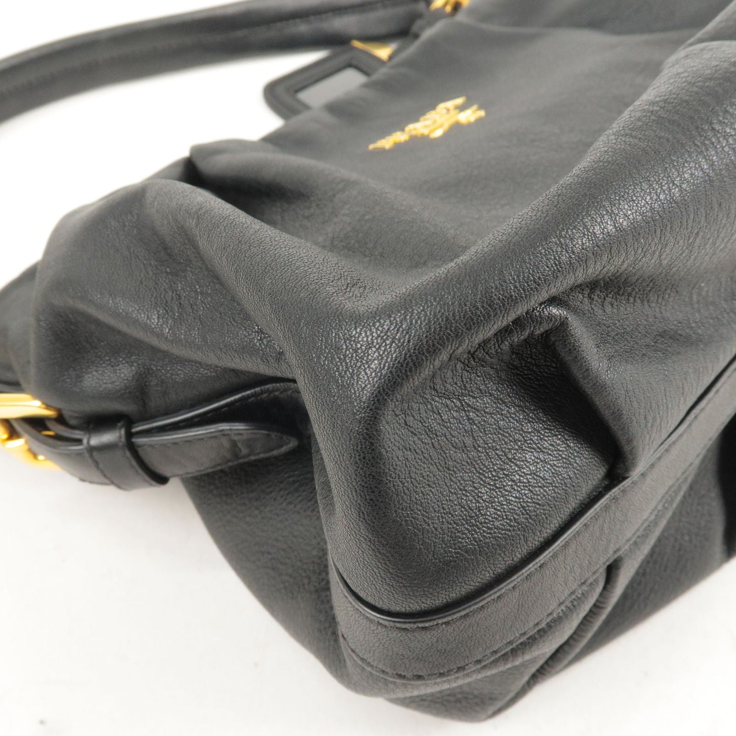 PRADA Logo Leather Shoulder Bag Black Gold Hardware