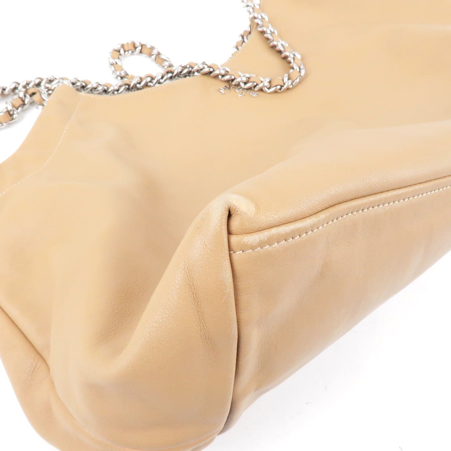 PRADA Logo Leather Chain Tote Bag Beige