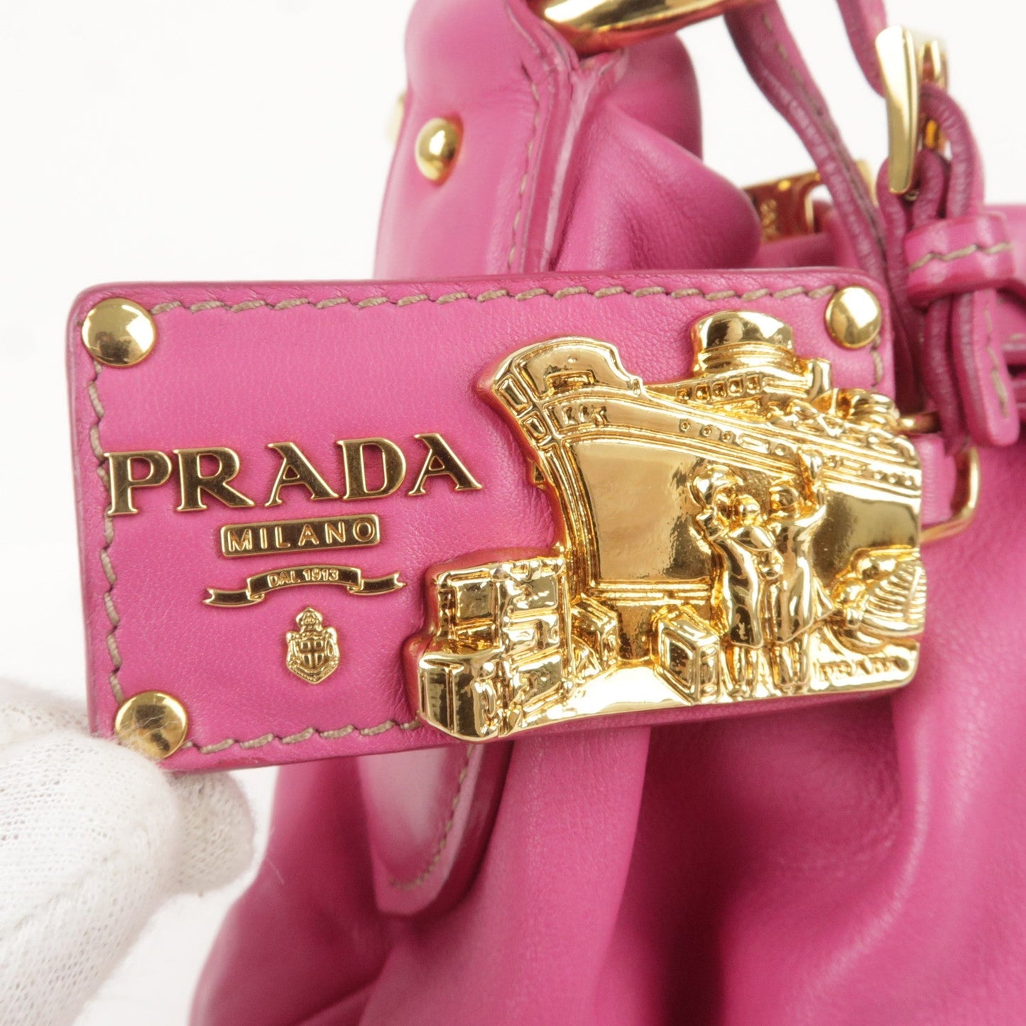 PRADA Logo Leather Shoulder Bag Pink Gold BR3795