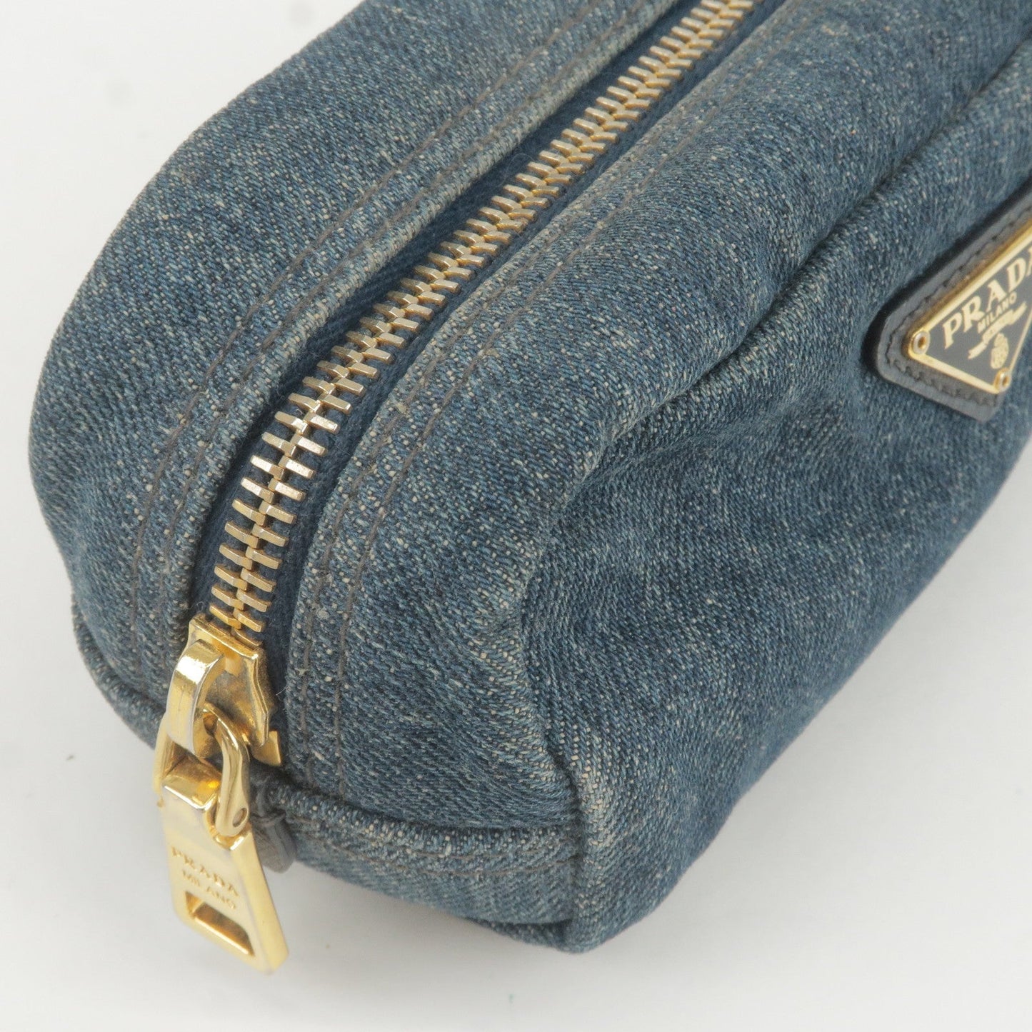 PRADA Logo Denim Cosmetic Pouch Clutch Bag Navy Gold Metal