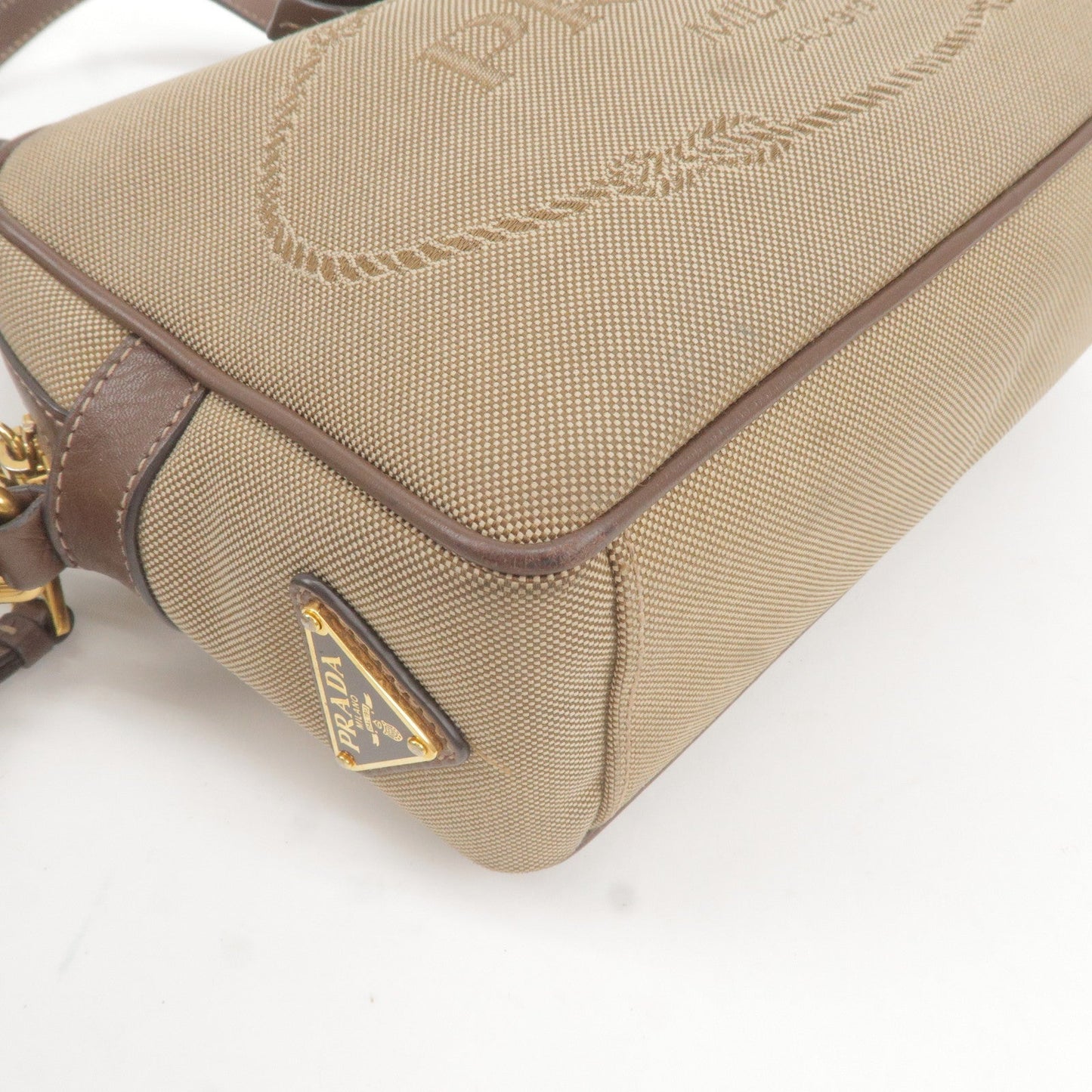 PRADA Logo Jacquard Leather Shoulder Bag Beige Brown 1BH089