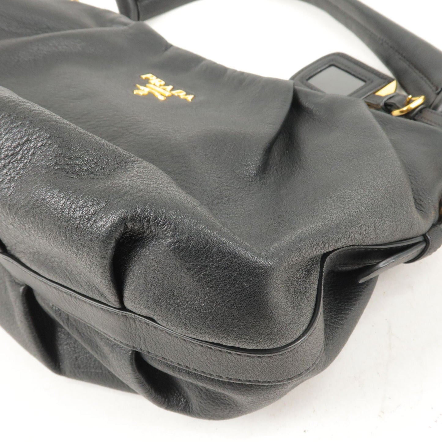 PRADA Logo Leather Shoulder Bag Black Gold Hardware