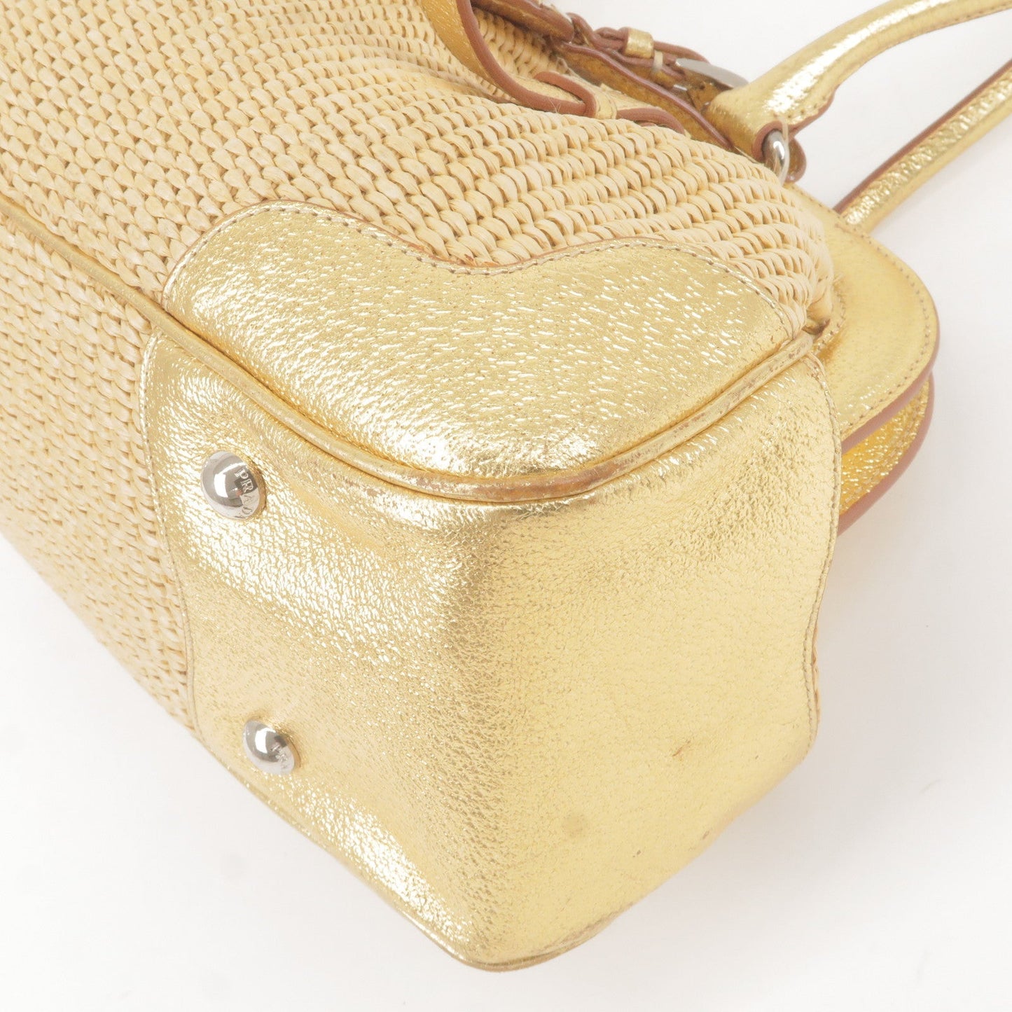 PRADA Paglia Straw Leather Shoulder Bag Metalic Gold BR3509