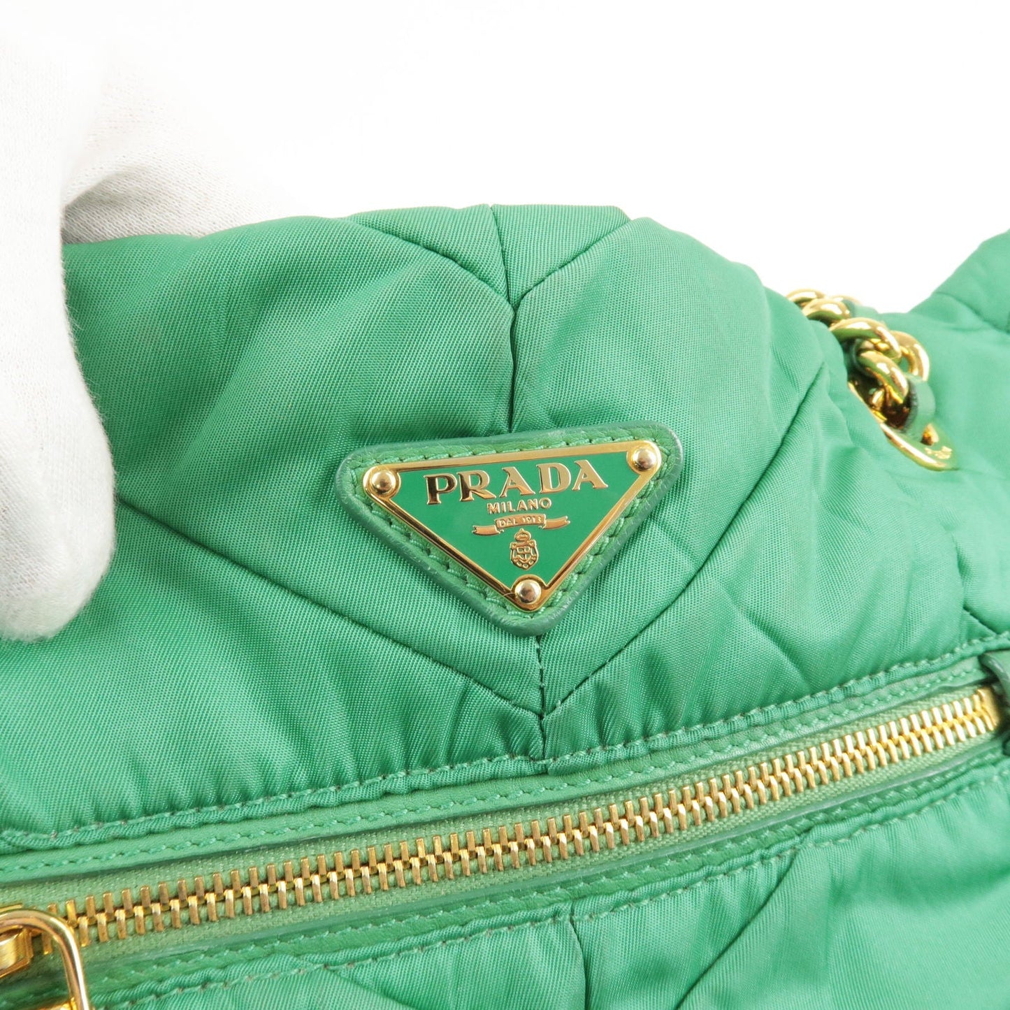 PRADA Logo Nylon Leather Chain Tote Bag Green BR4383