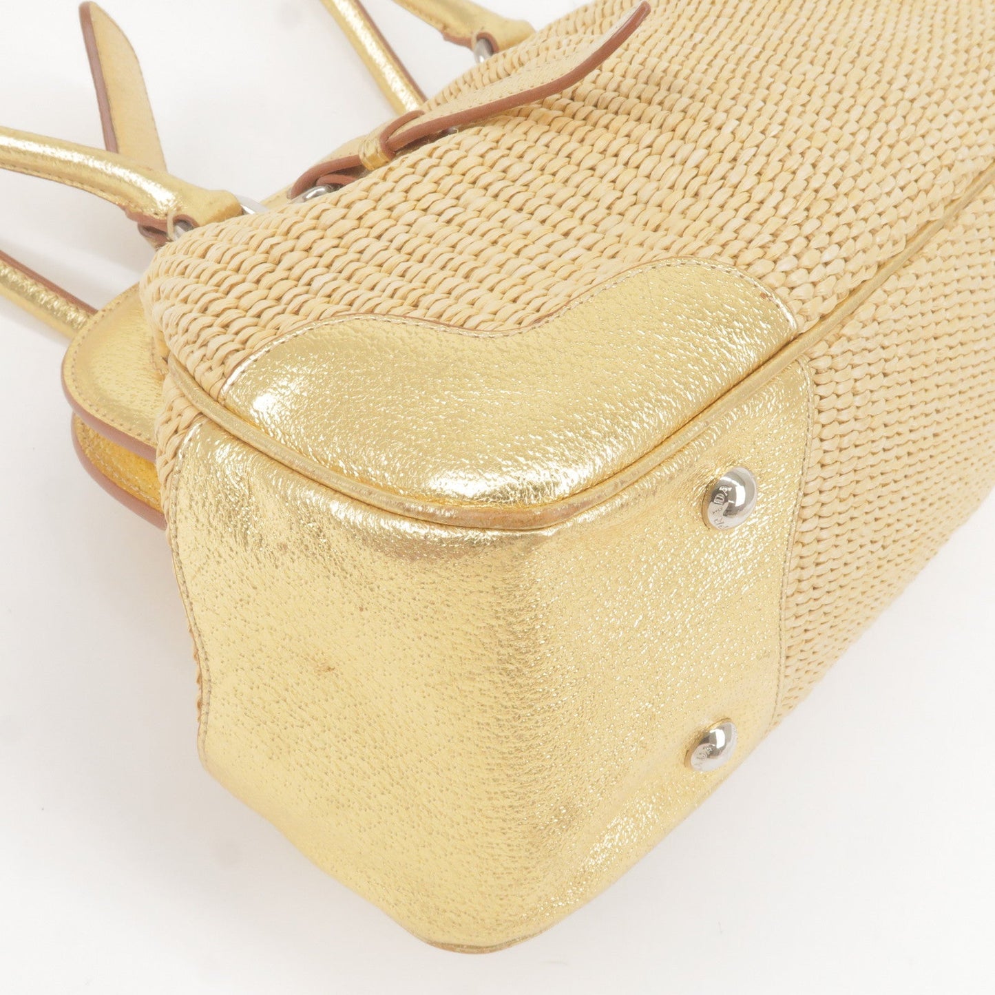 PRADA Paglia Straw Leather Shoulder Bag Metalic Gold BR3509