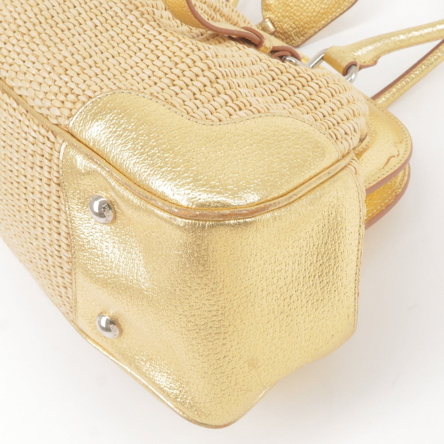 PRADA Paglia Straw Leather Shoulder Bag Metalic Gold BR3509