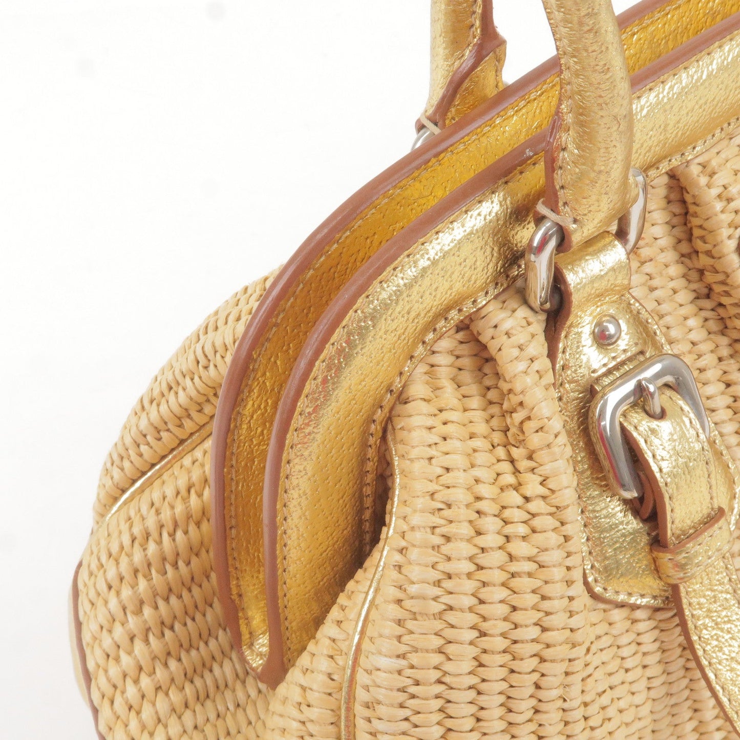 PRADA Paglia Straw Leather Shoulder Bag Metalic Gold BR3509