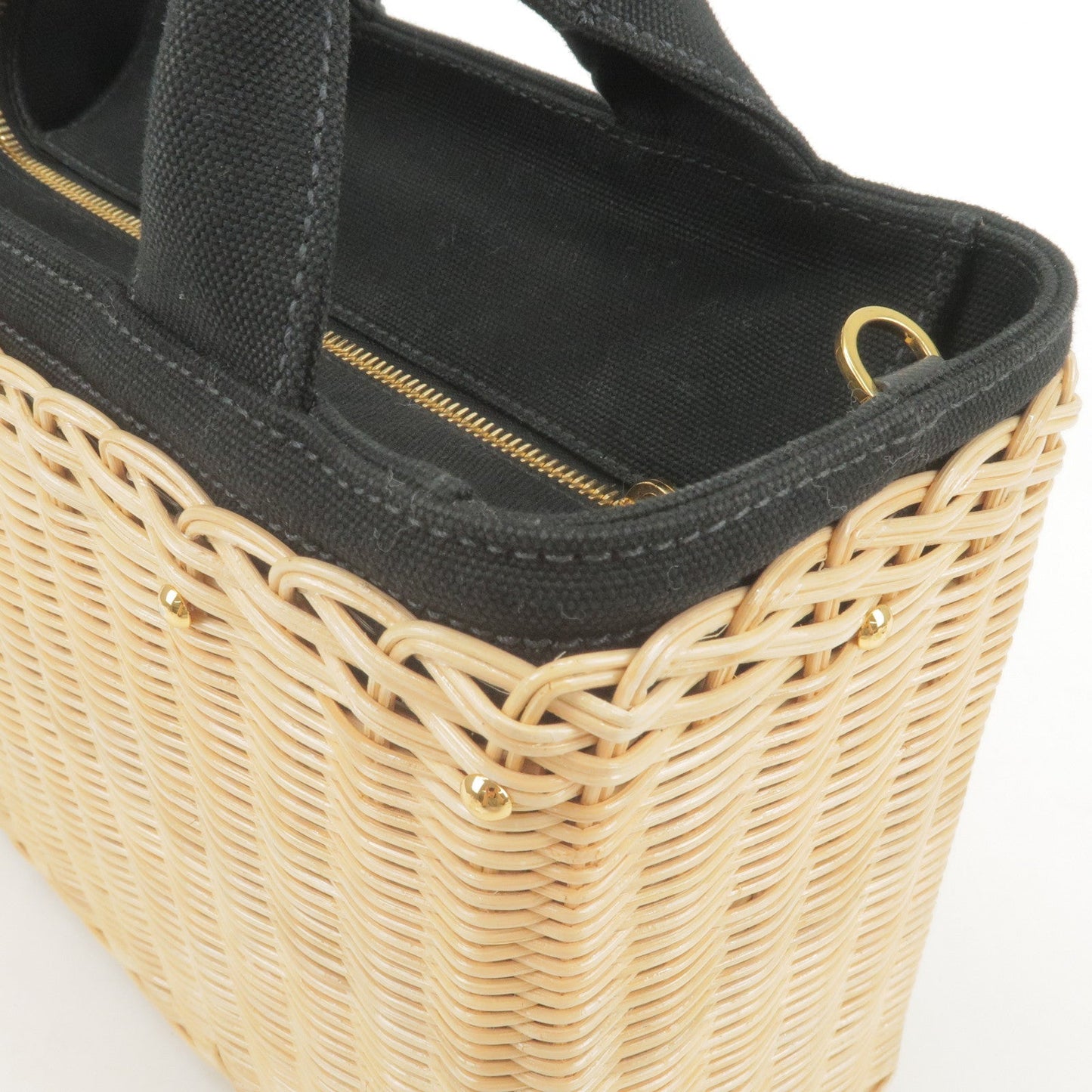 PRADA Wicker Canvas 2Way Basket Bag Hand Bag Black 1BG835