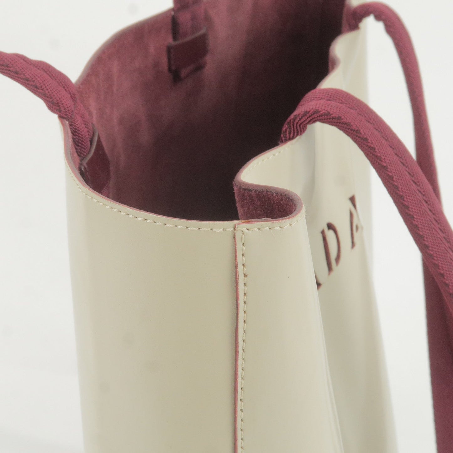 PRADA Leather Canvas Tote Bag Hand Bag Greige Red Wine B10189