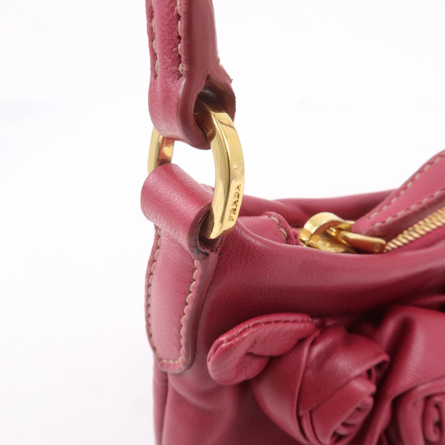 PRADA Leather Rose Corsage Hand Bag Pouch Pink 1N1439