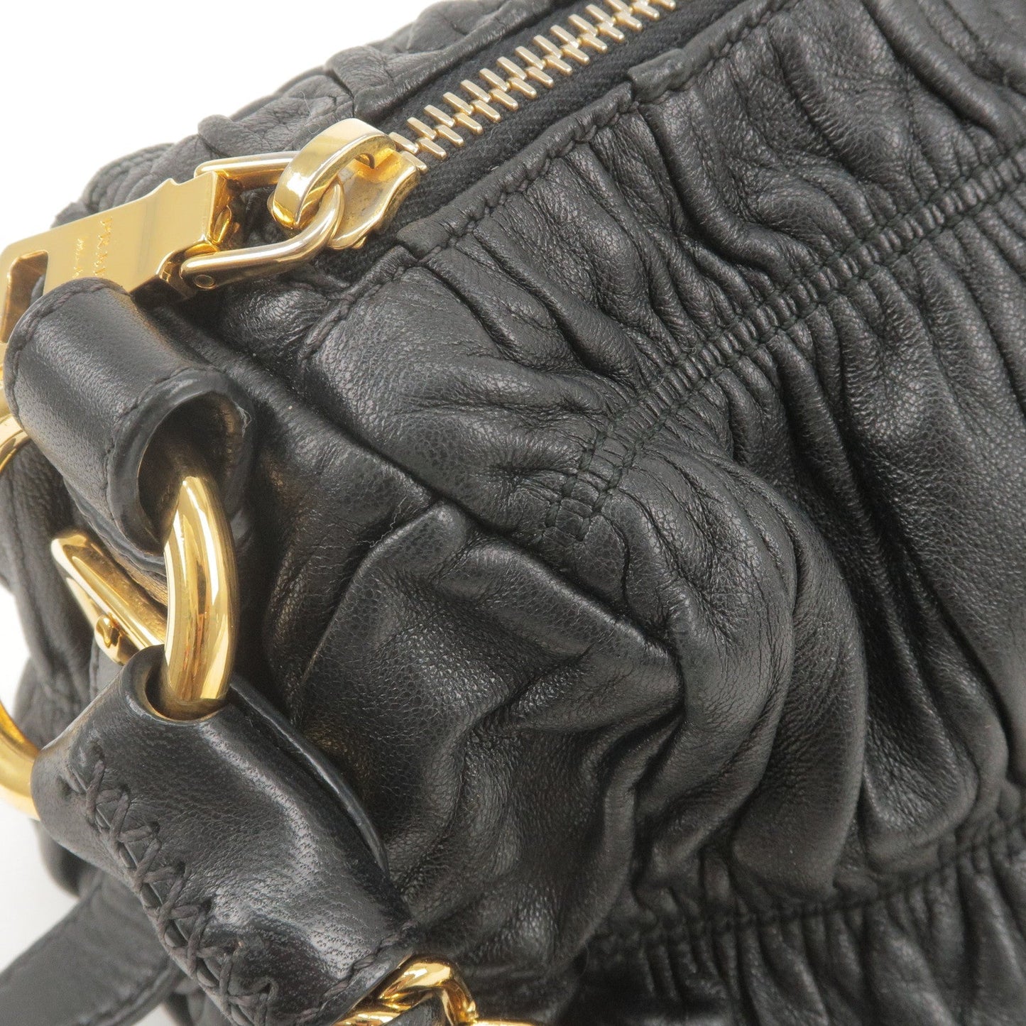 PRADA Leather Chain Gather Shoulder Bag NERO Black